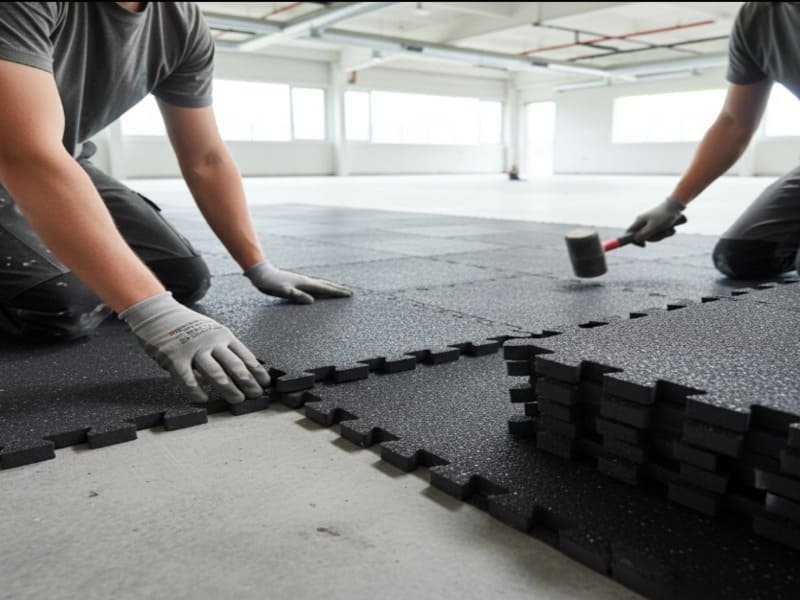 Rubber gym flooring tiles in a weight room